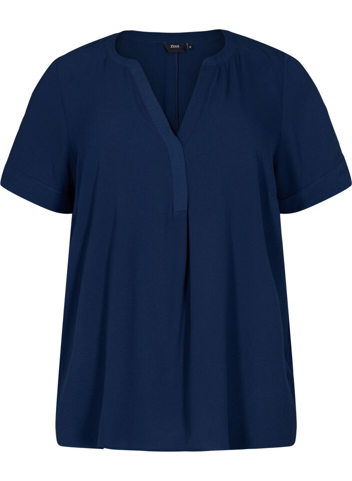Short-sleeved v-neck blouse, Blue, Packshot image number 0