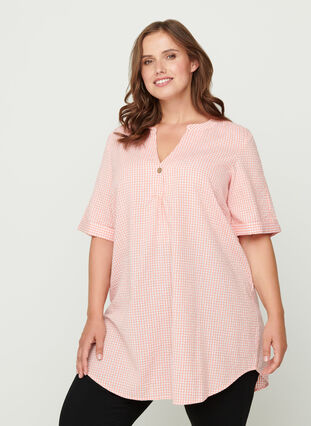 V-neck checked cotton tunic, As Sample, Model image number 0