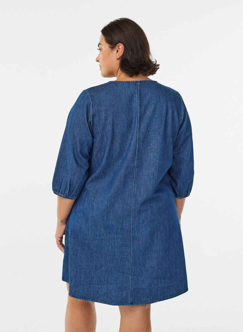 Short denim dress with 3/4 sleeves, Blue, Model image number 2