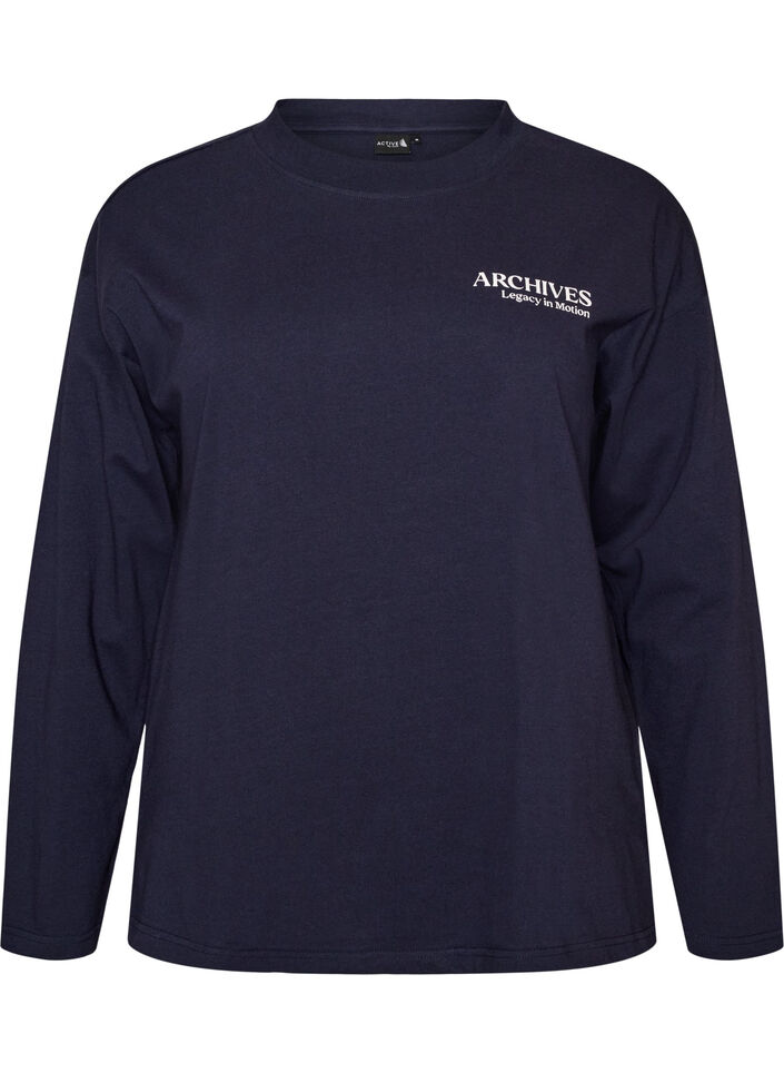 Long-sleeved jersey blouse with text print, Blue, Packshot image number 0