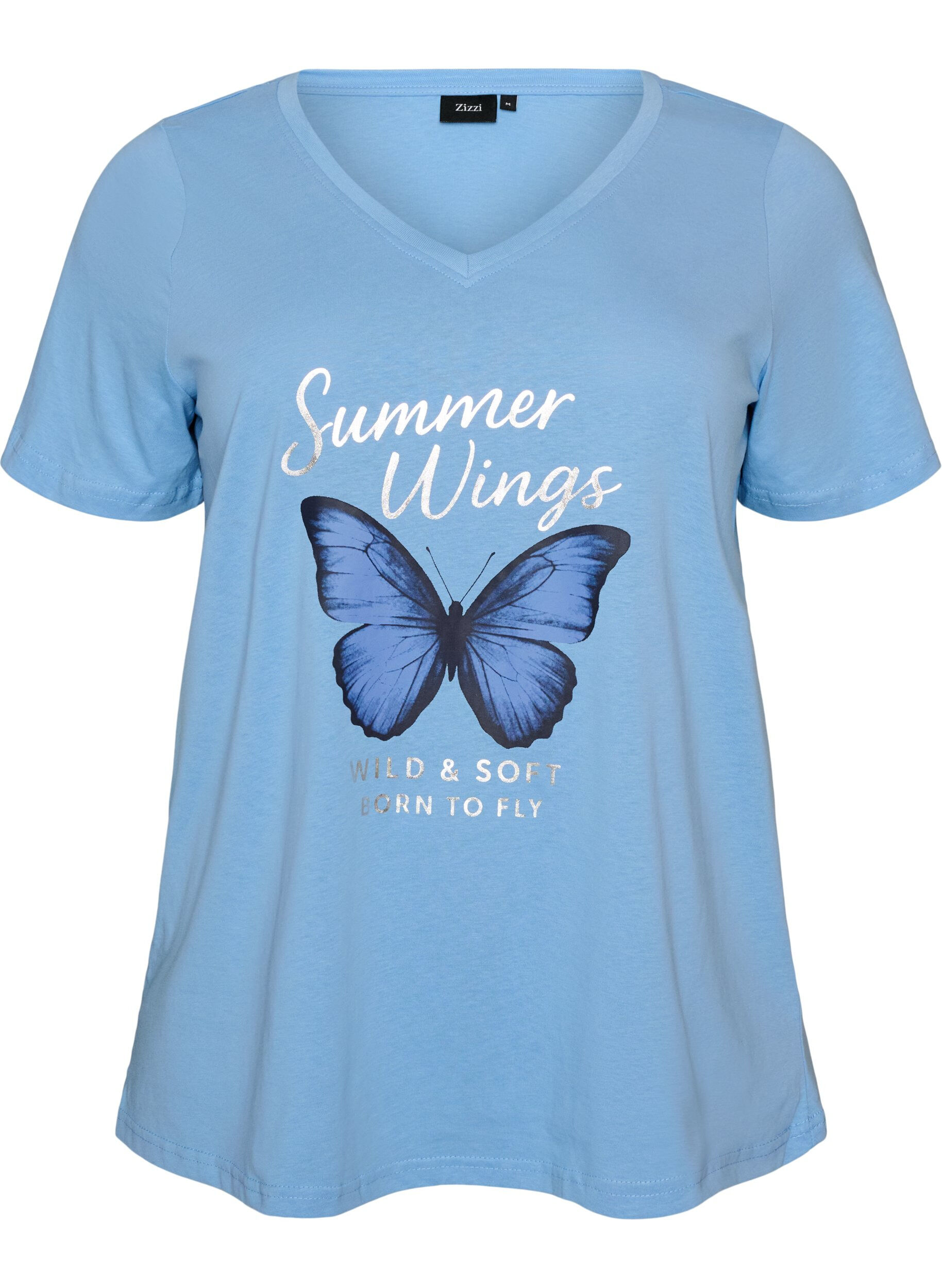 Cotton T-shirt with front print and V-neck