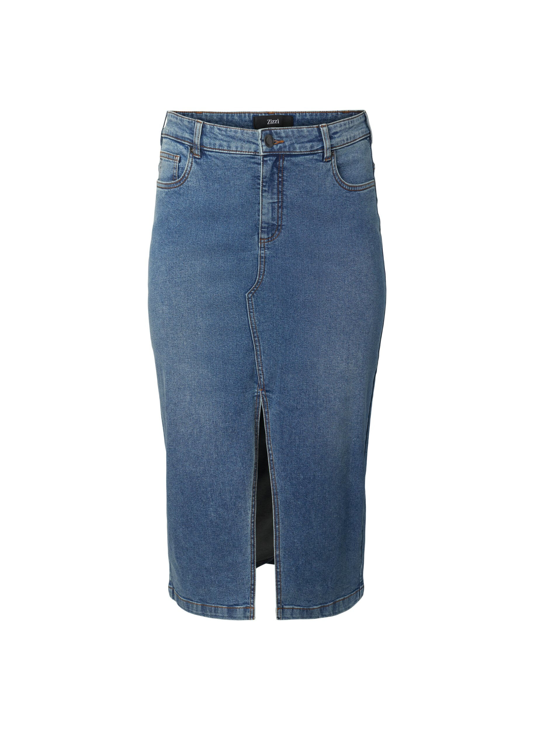 Zizzifashion Denim skirt with front slit, Blue denim, Packshot image number 0