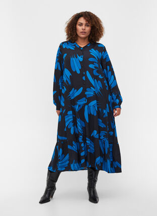 Printed viscose midi dress with buttons, Dark Blue AOP, Model image number 2