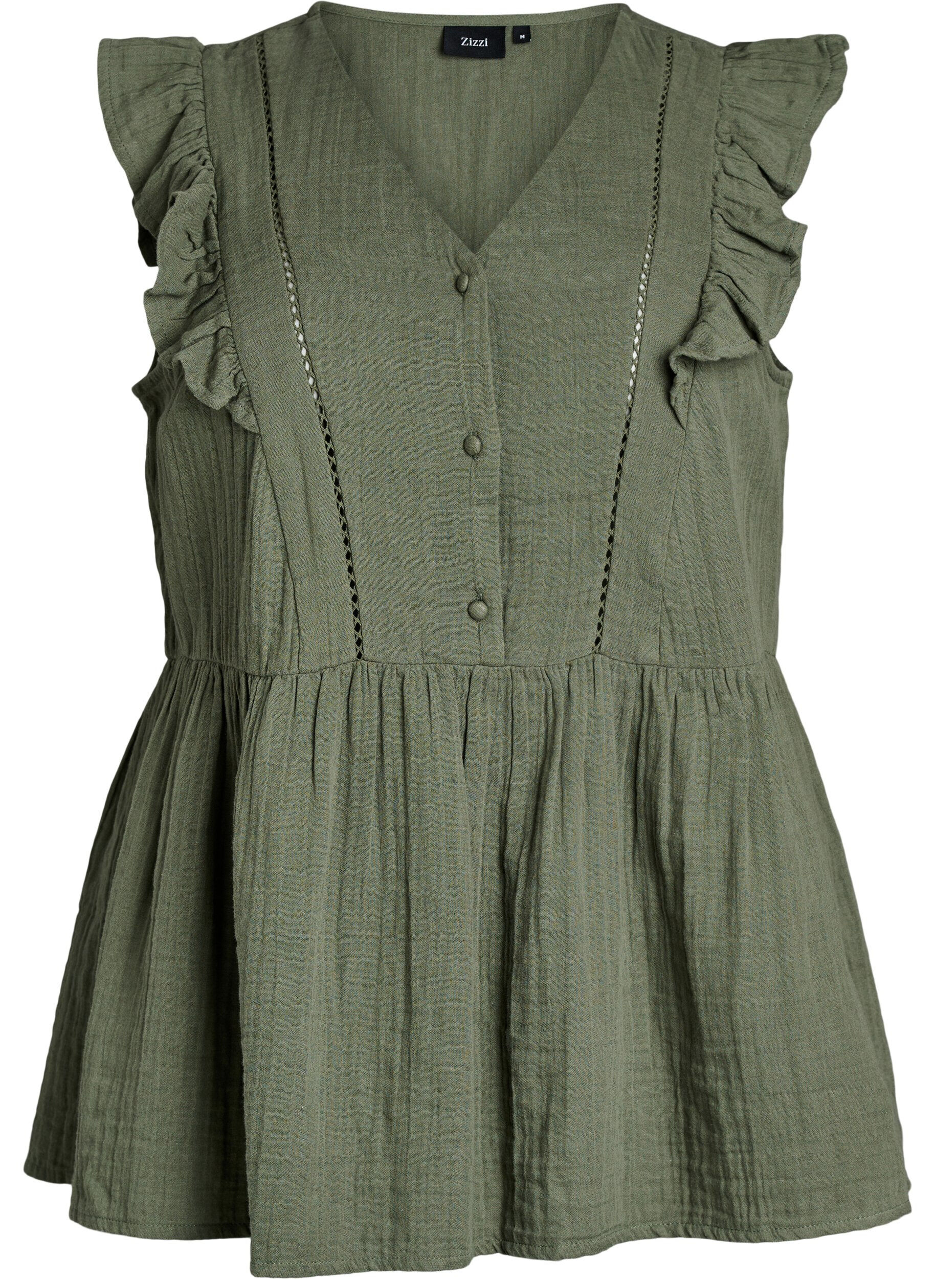 Zizzifashion Sleeveless cotton muslin blouse with ruffles, Green, Packshot image number 0