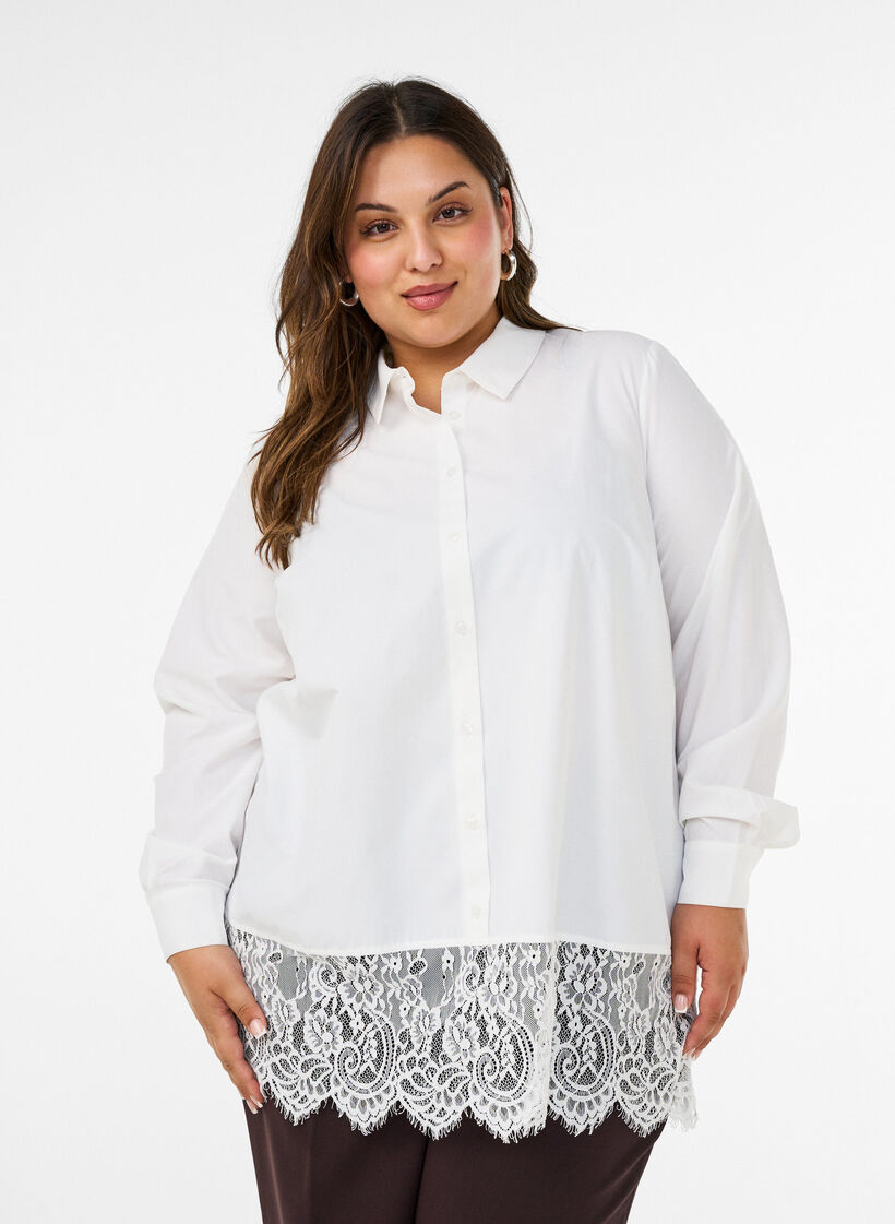 Loose shirt with a wide lace trim, White, Model image number 0