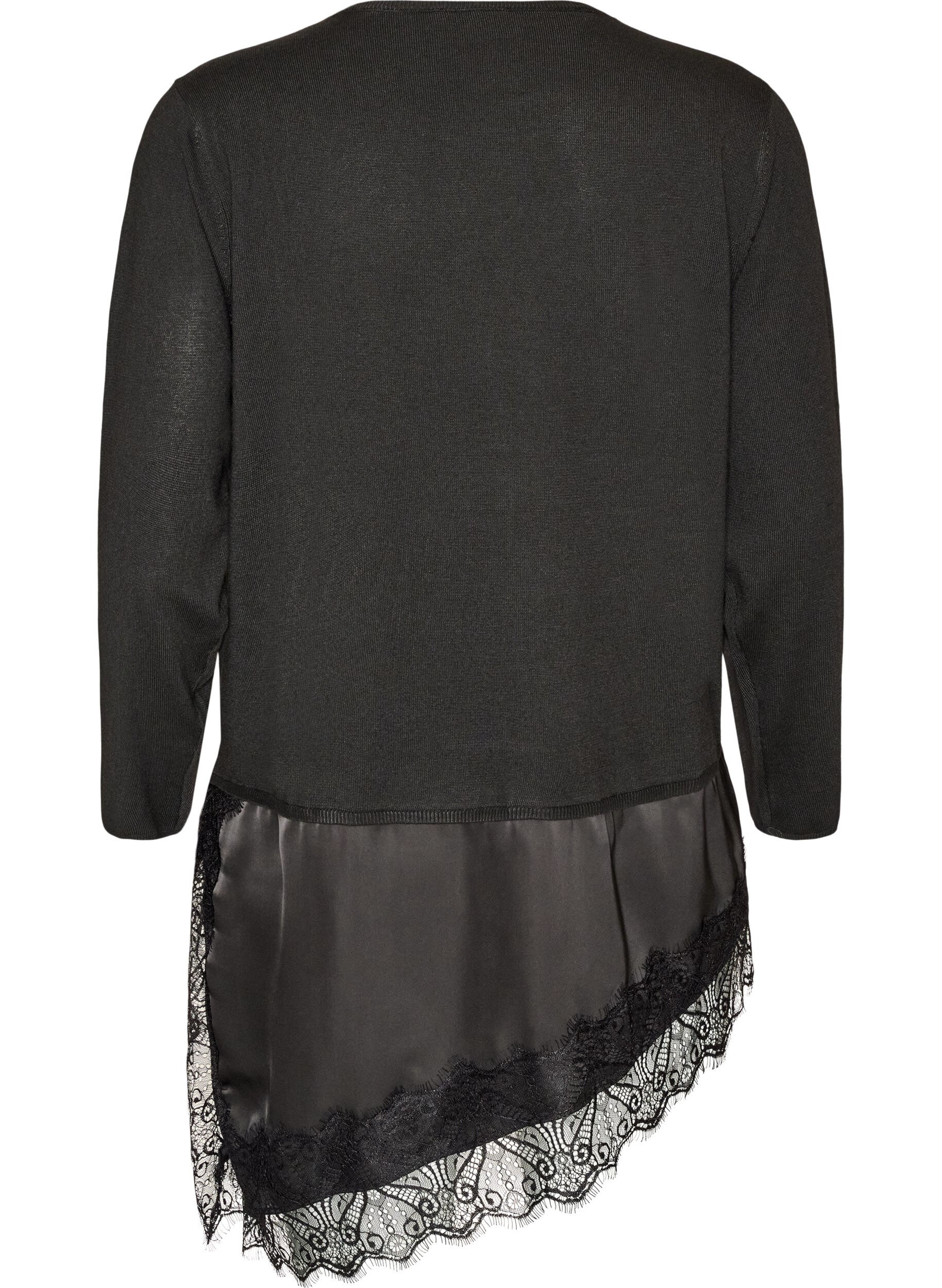 ZizzifashionKnitted blouse with layered effect and lace trim, Black, Packshot image number 1