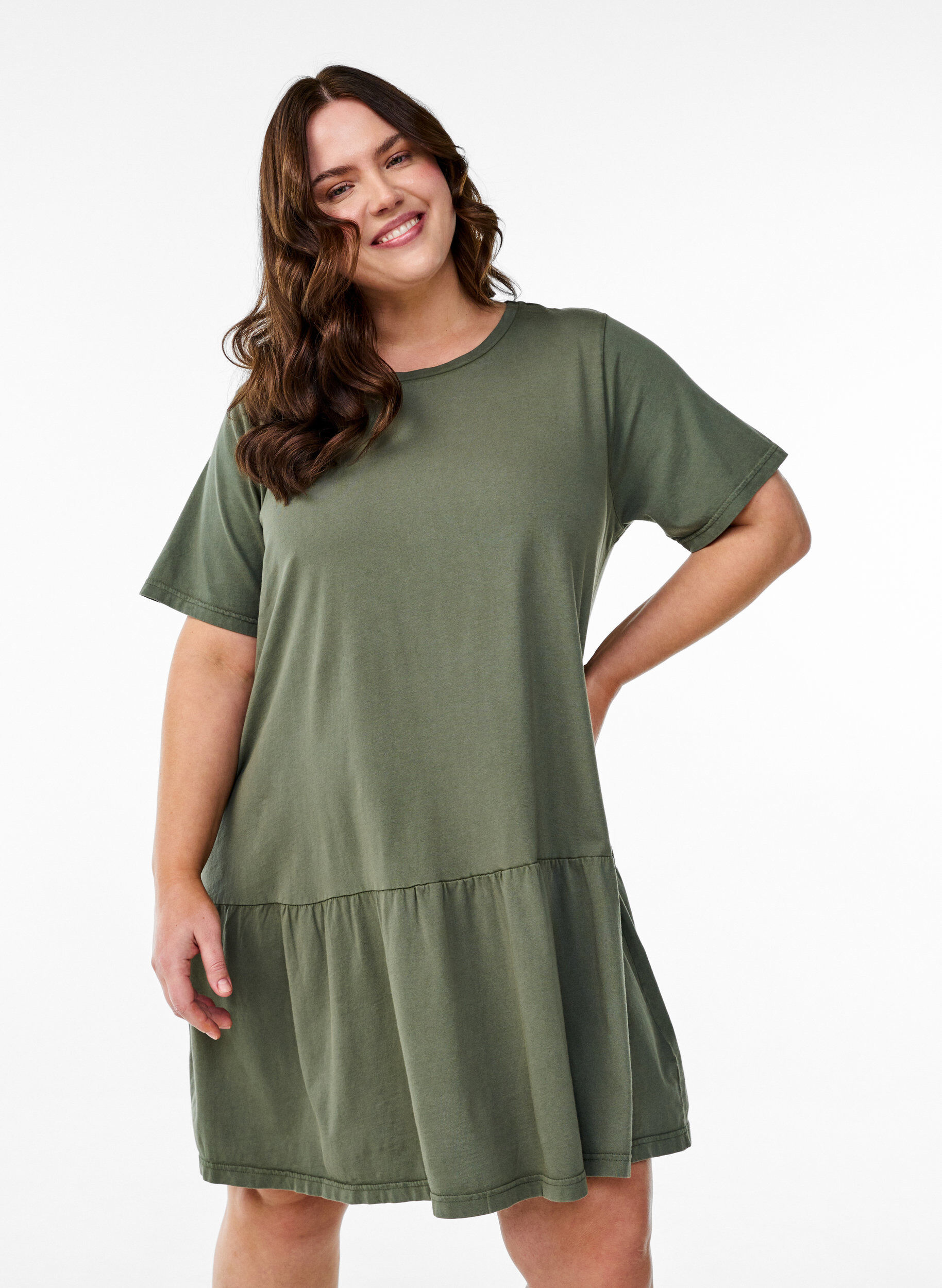 Zizzifashion Short A-line dress with a washed look, Green, Model image number 0
