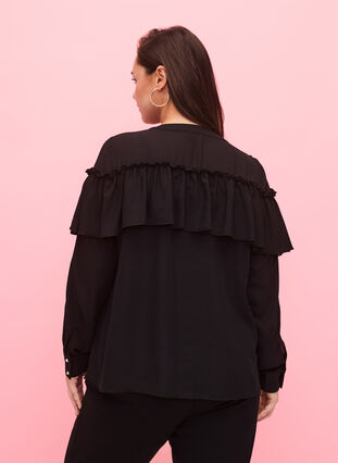 Ruffle shirt blouse with pearl buttons, Black, Model image number 1