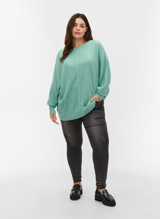 Knitted blouse with long sleeves and ribbed trim, Dusty Jade Green, Model image number 2