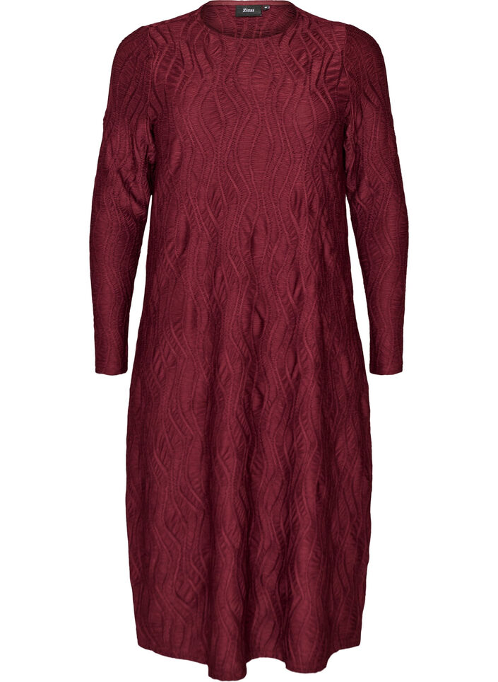 Midi dress with a wavy texture and long sleeves, Red, Packshot image number 0