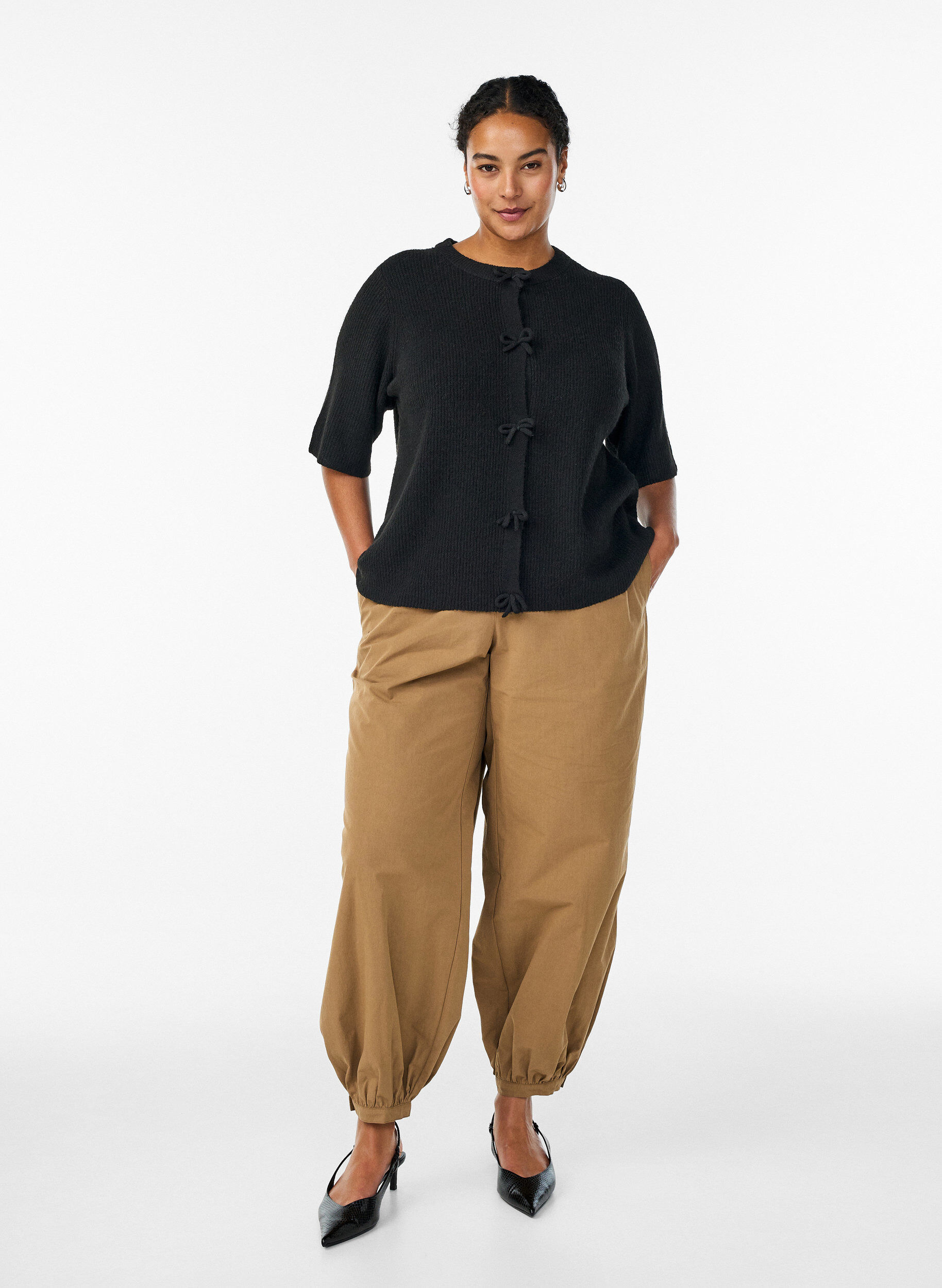 Zizzifashion Short-sleeved knit cardigan with bows, Black, Model image number 1