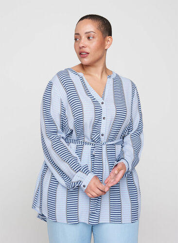 Long-sleeved viscose tunic with print, Skyway AOP, Model image number 0