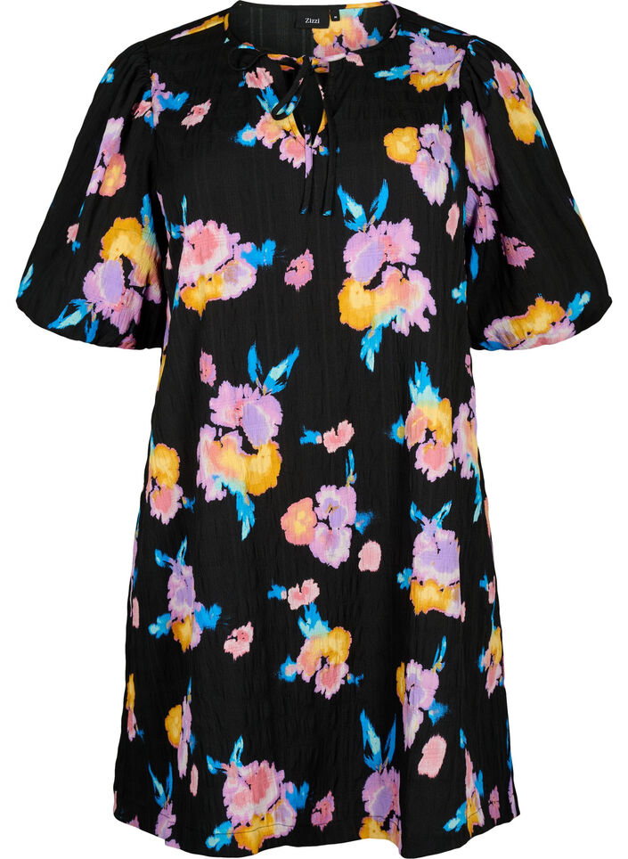 Dress with short puff sleeves and floral print, Black w. flower AOP, Packshot image number 0