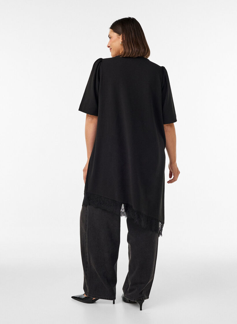 Tunic with asymmetric lace trim, Black, Model image number 2