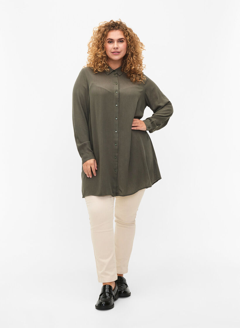 Long viscose shirt with long sleeves, Green, Model image number 1
