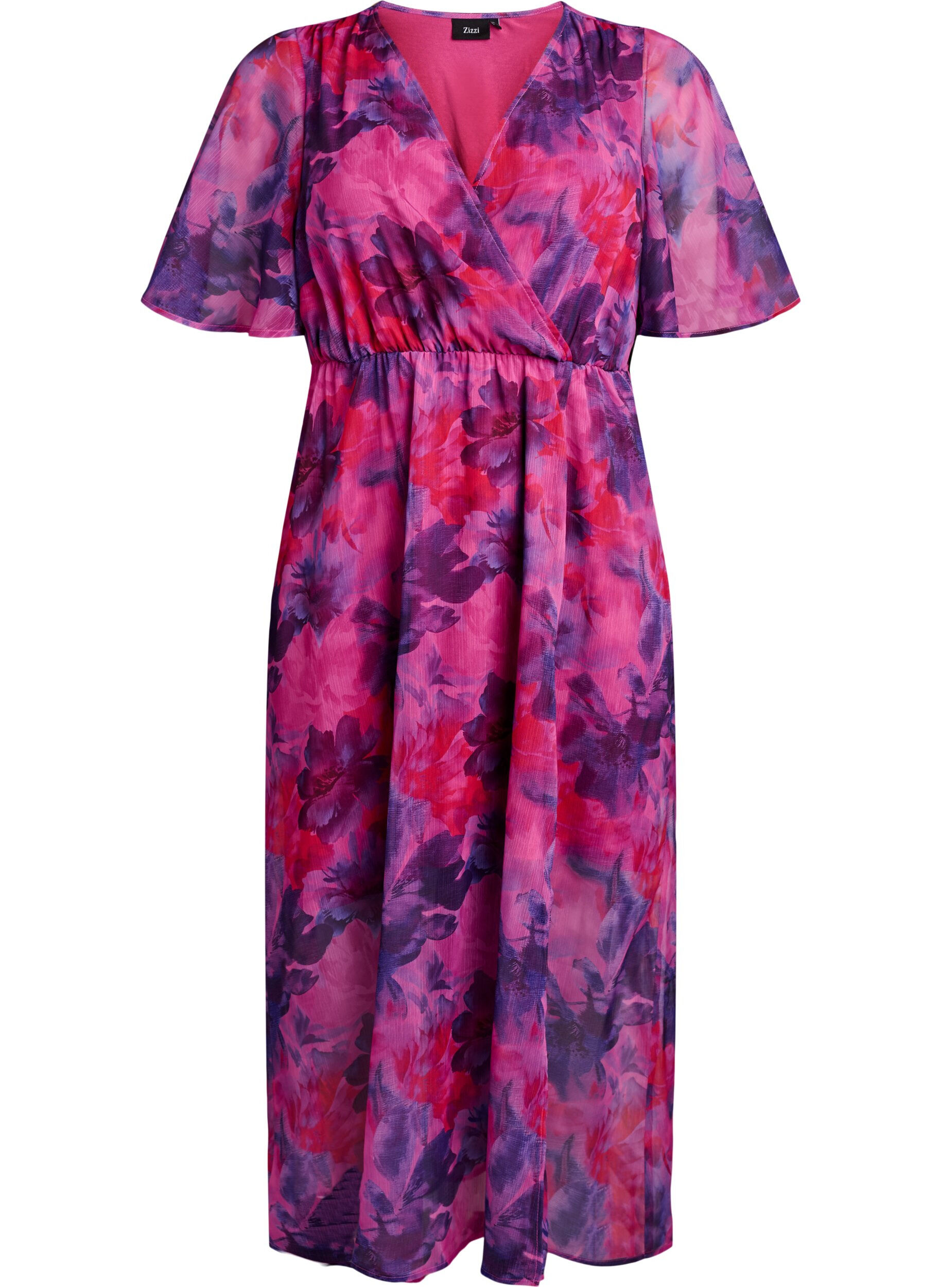 Zizzifashion Long chiffon dress with floral print and short sleeves, Red, Packshot image number 0