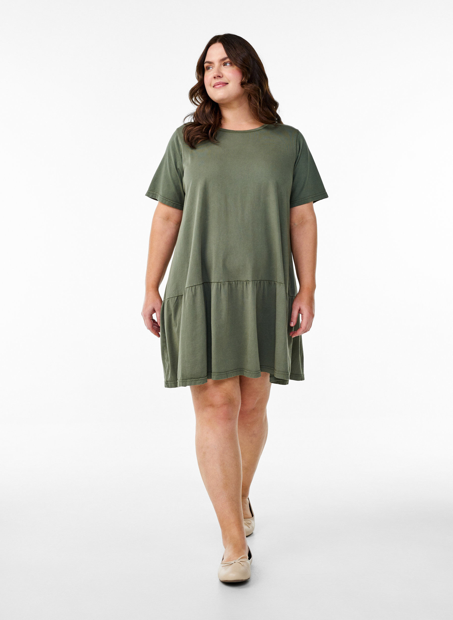 Zizzifashion Short A-line dress with a washed look, Green, Model image number 1