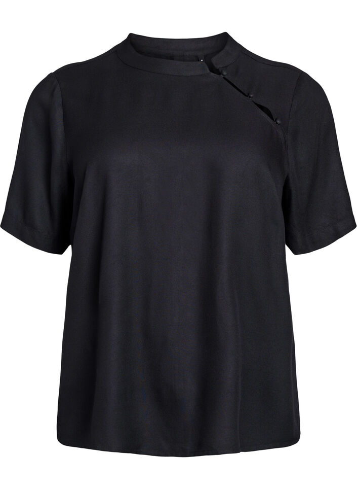 Short-sleeved blouse with diagonal button fastening, Black, Packshot image number 0