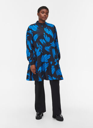 Printed viscose tunic with zip, Dark Blue AOP, Model image number 2
