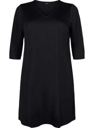 Plain dress with v neck and 3/4 sleeves, Black, Packshot image number 0