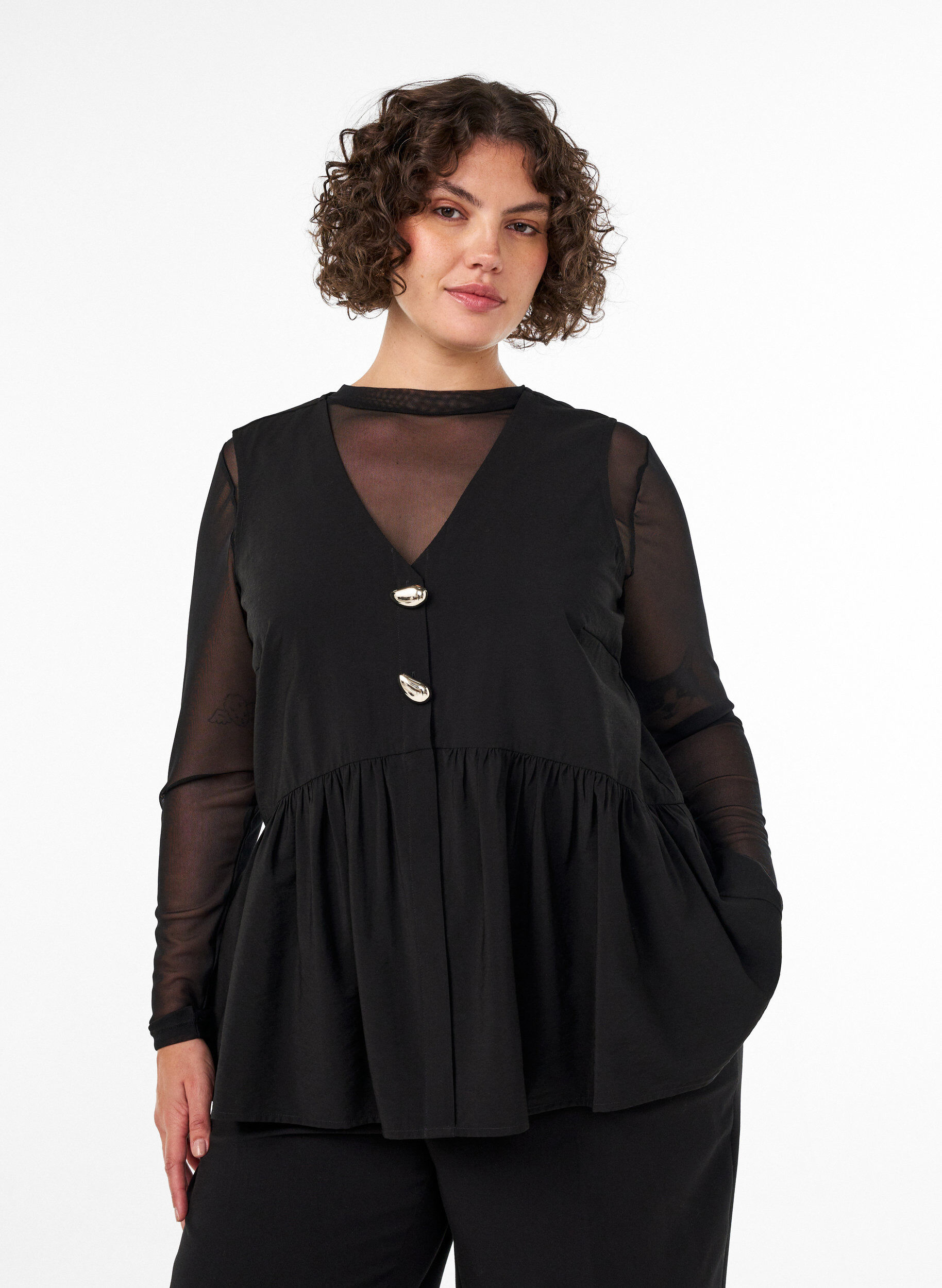 Sleeveless peplum blouse with decorative buttons, Black, Model