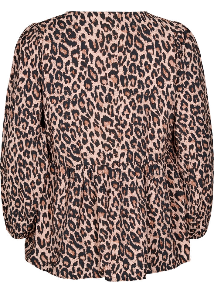 Peplum blouse with tie and leopard print, Brown, Packshot image number 1