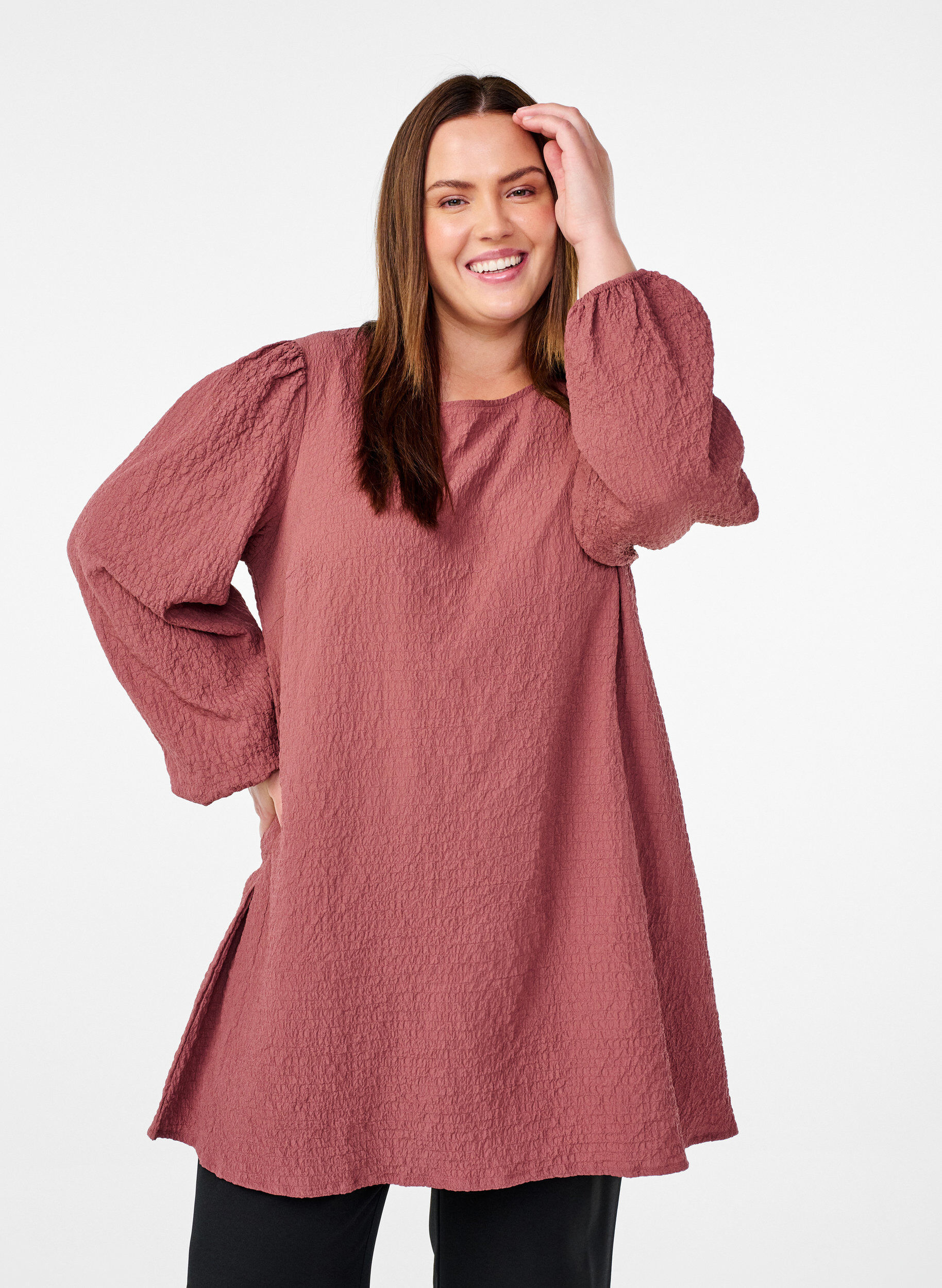 Zizzifashion FLASH - Long-sleeved tunic with a round neck, Brown, Model image number 0