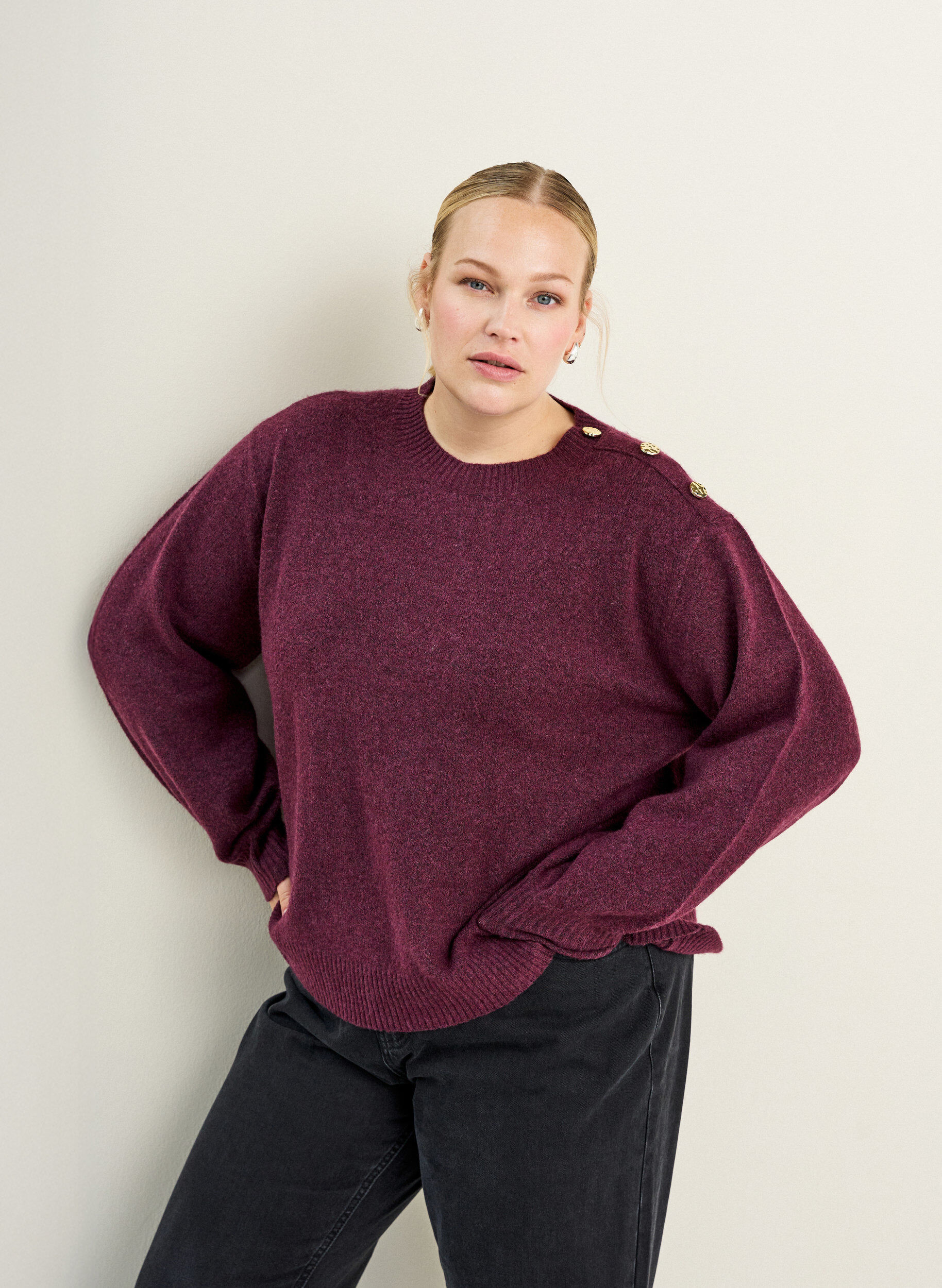 ZizzifashionKnit blouse with button detail, Dark Bordeaux, Image image number 0