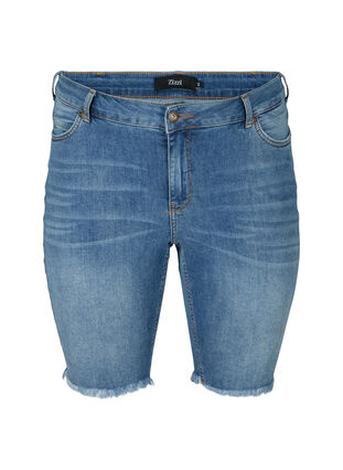 Close-fitting denim shorts with raw edges, Dark blue denim, Packshot image number 0