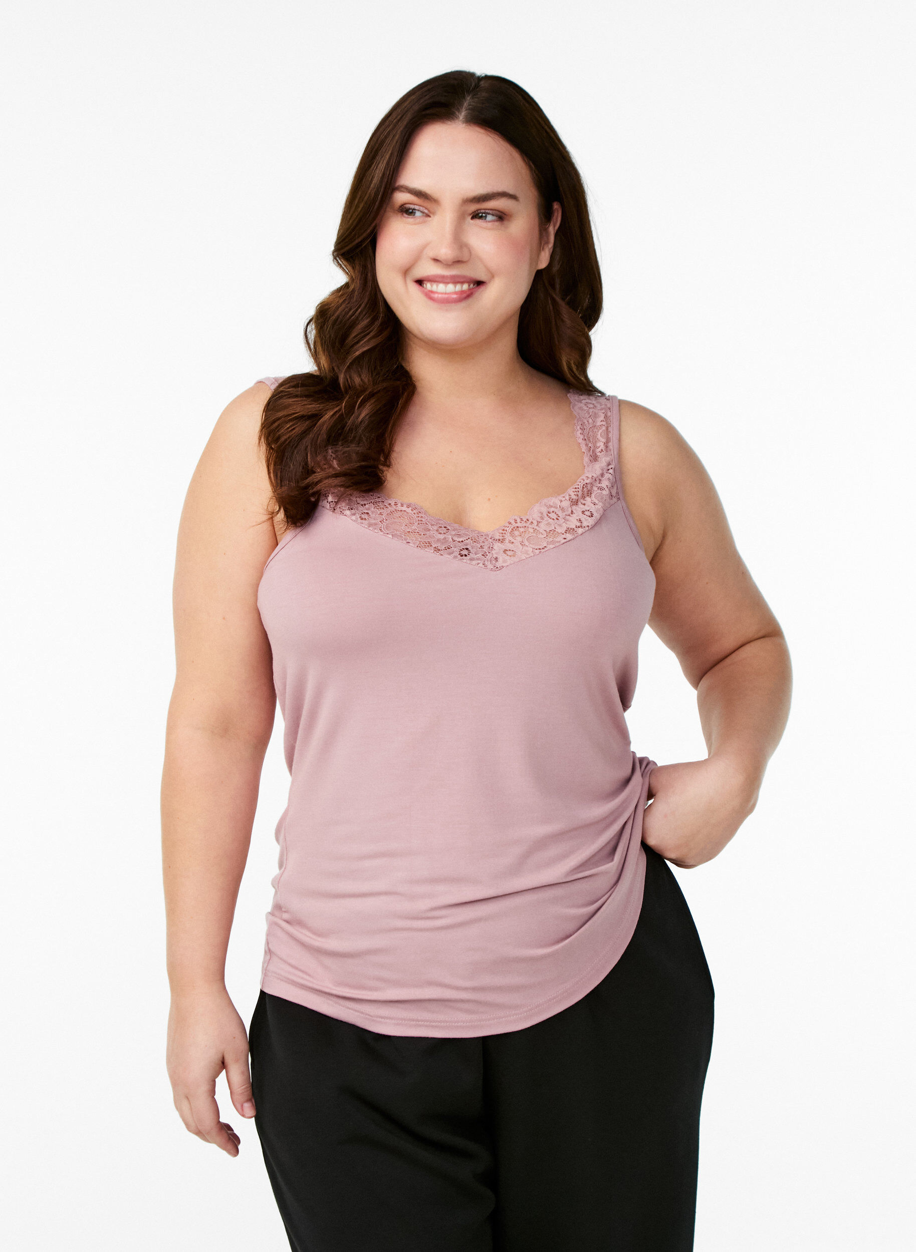 ZizzifashionViscose top with lace trim, Rose, Model image number 0