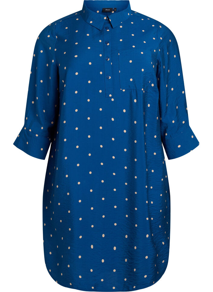 Short dress with collar and chest pocket, Blue, Packshot image number 0
