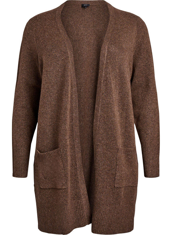 Ribbed Knit Cardigan with Pockets, Brown, Packshot image number 0