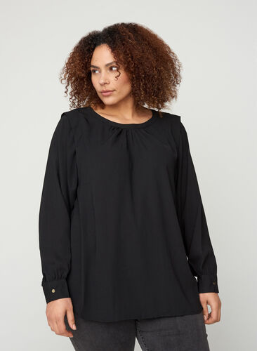 Long-sleeved blouse with a round neck, Black, Model image number 0