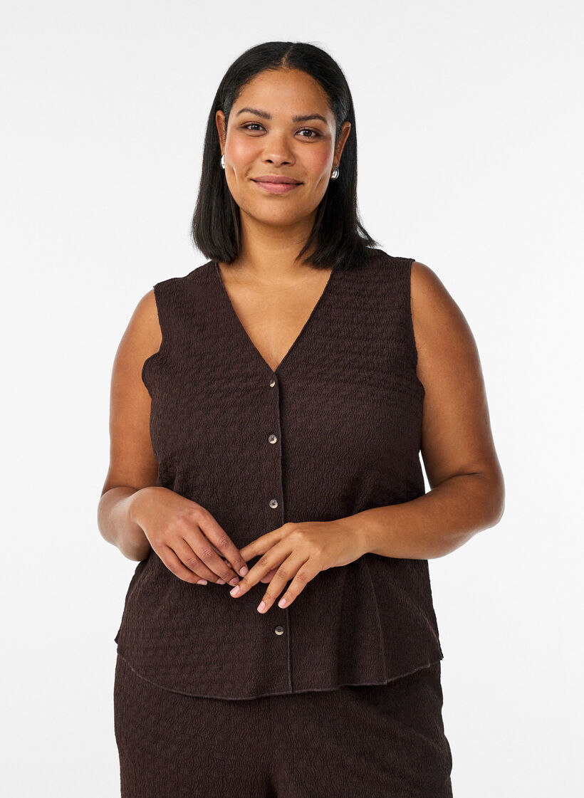 Sleeveless top with a wavy texture and button fastening, Brown, Model image number 0