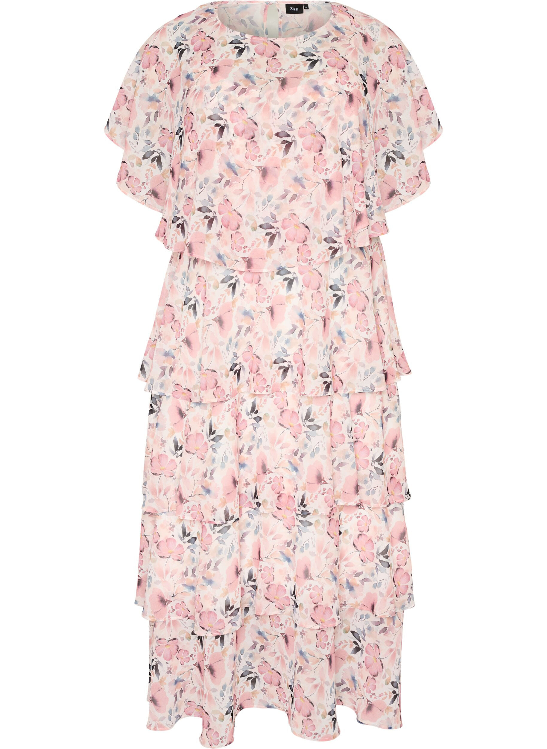 Zizzifashion Maxi dress with ruffle layers and detachable cape, White, Packshot image number 0