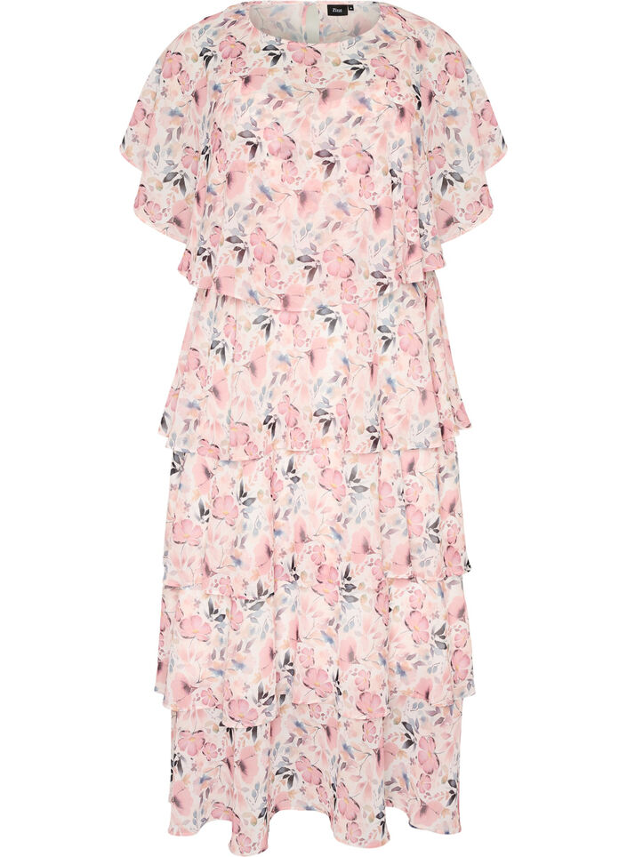Maxi dress with ruffle layers and detachable cape, White, Packshot image number 0