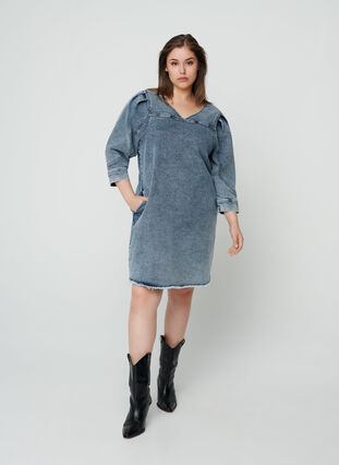 3/4 sleeve denim dress, Light blue denim ASS, Model image number 2