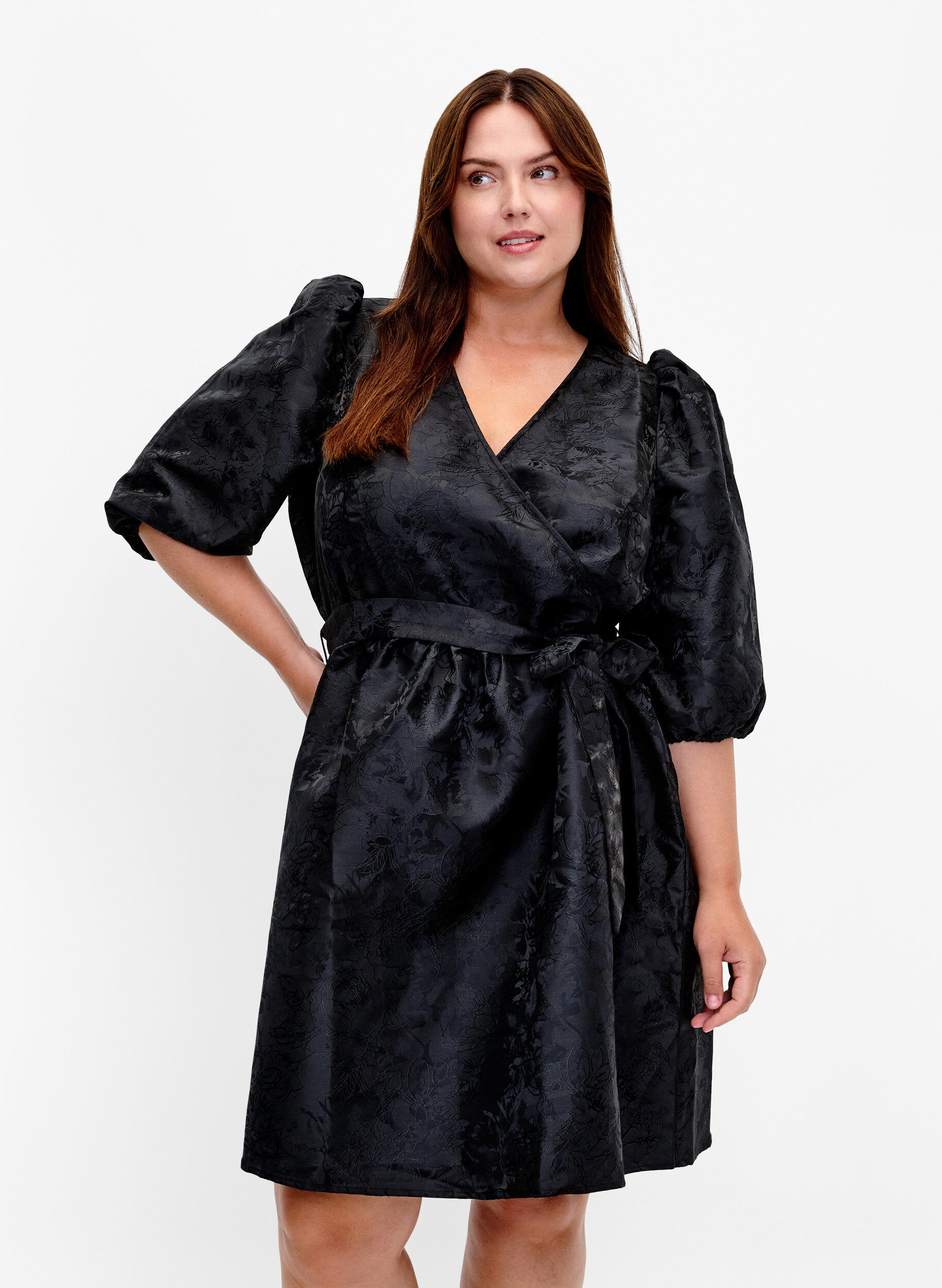 Zizzifashion Short wrap dress with 3/4 sleeves, Black, Model image number 0