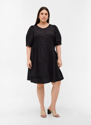 Cotton shirt dress with puff sleeves, Black, Model image number 2