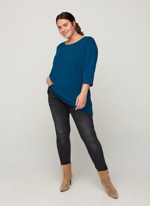 Textured blouse with 3/4 length sleeves, Majolica Blue, Model image number 3
