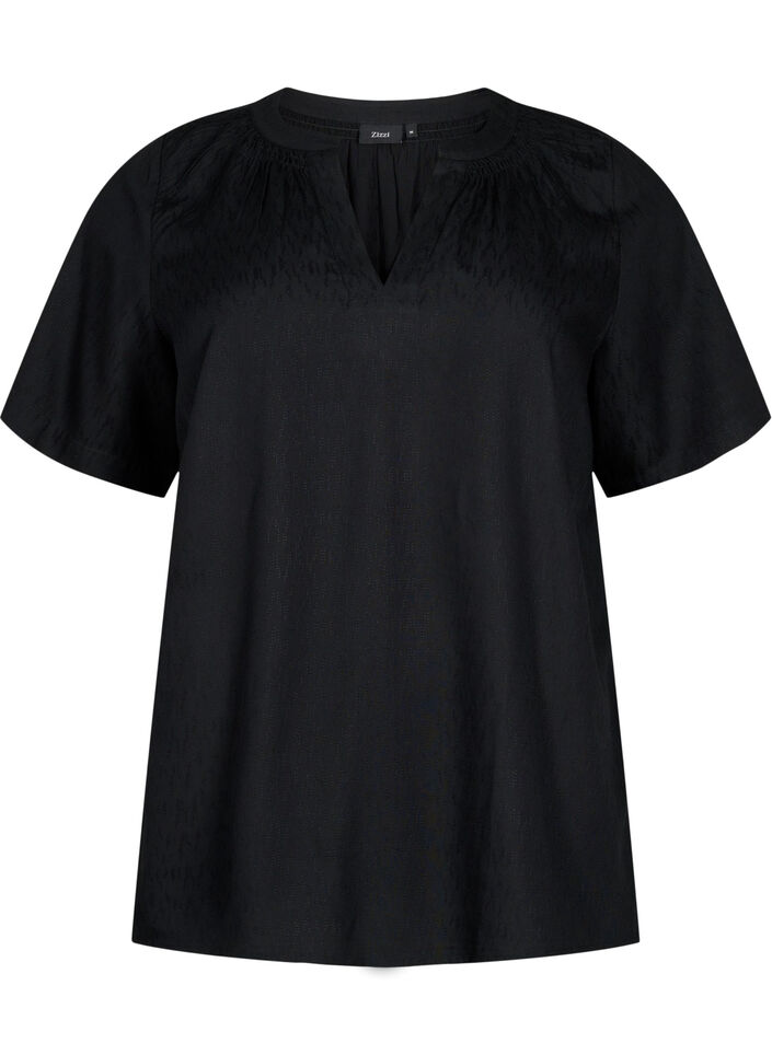 Short-sleeved viscose blouse with v-neck, Black, Packshot image number 0
