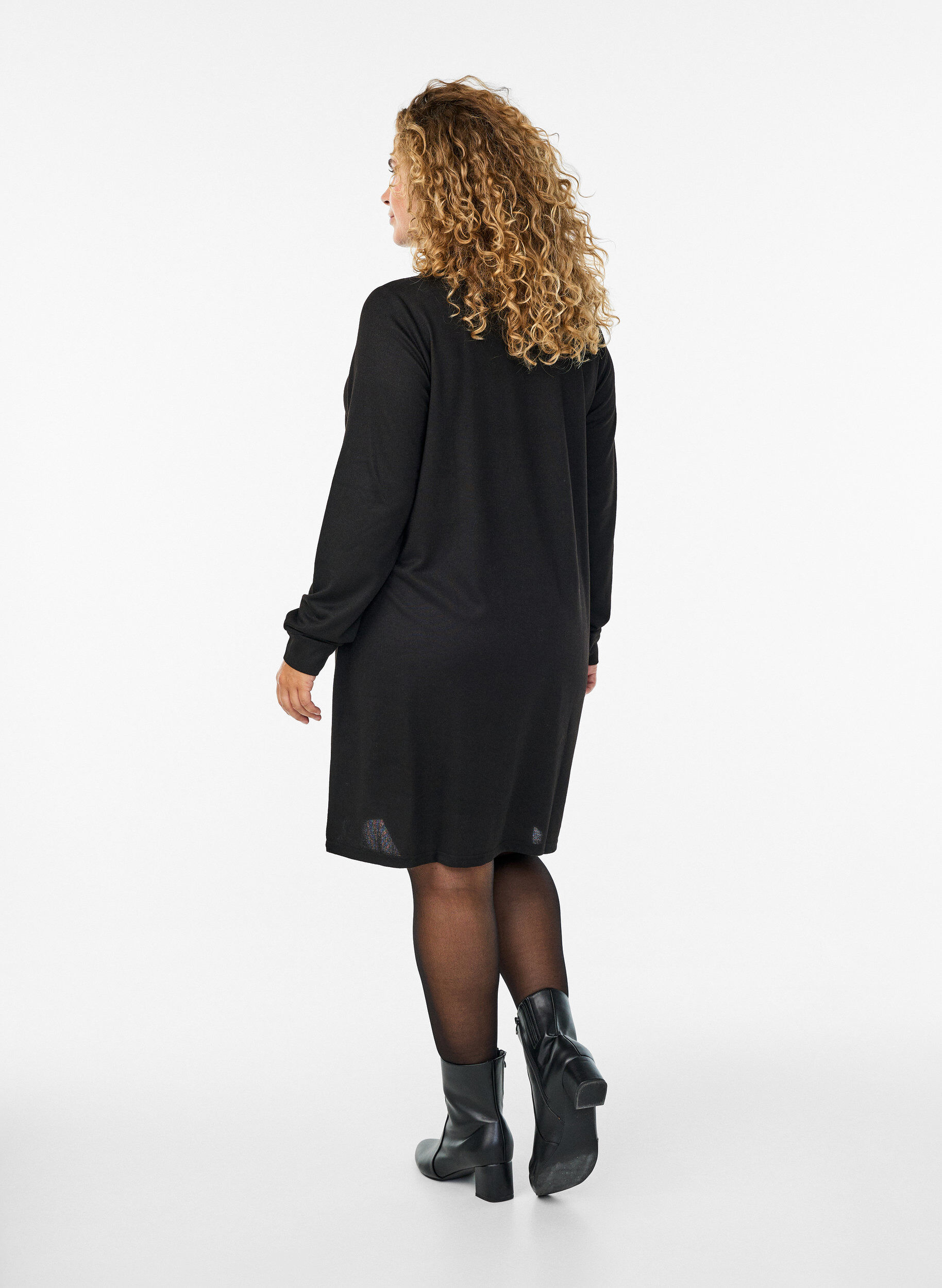Zizzifashion Short polo dress with buttons and long sleeves, Black, Model image number 2