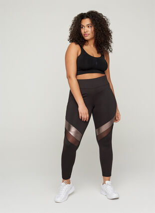 Cropped sports leggings with mesh, Black, Model image number 2