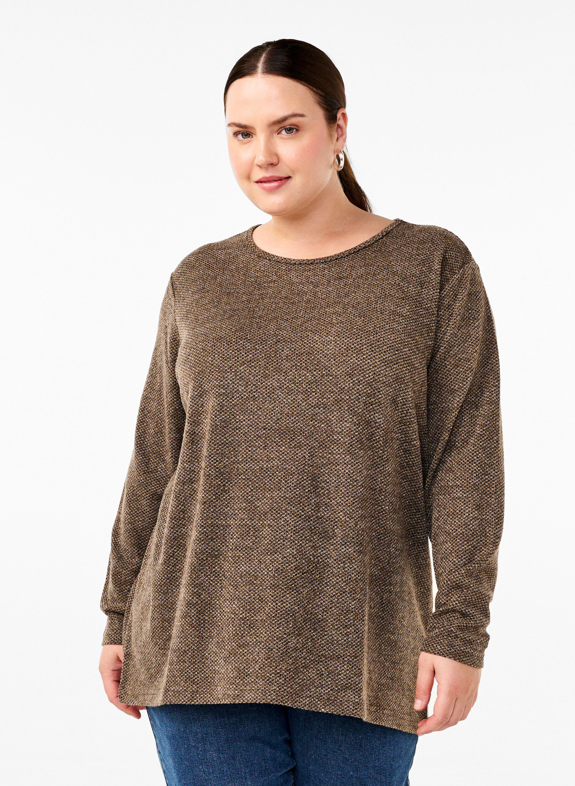 Zizzifashion Melange blouse with round neck and long sleeves, Caribou, Model image number 0