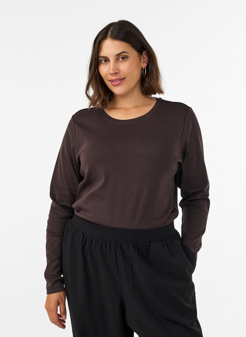 Long-sleeved basic T-shirt with a round neck, Brown, Model image number 0