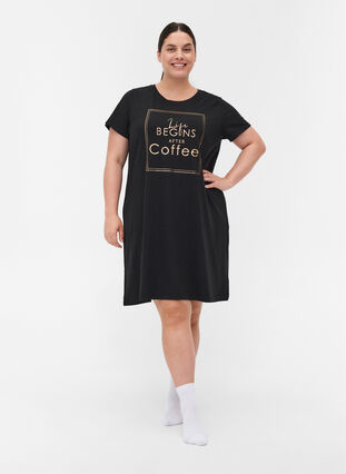 Short-sleeved nightdress in a cotton blend, Black, Model image number 2