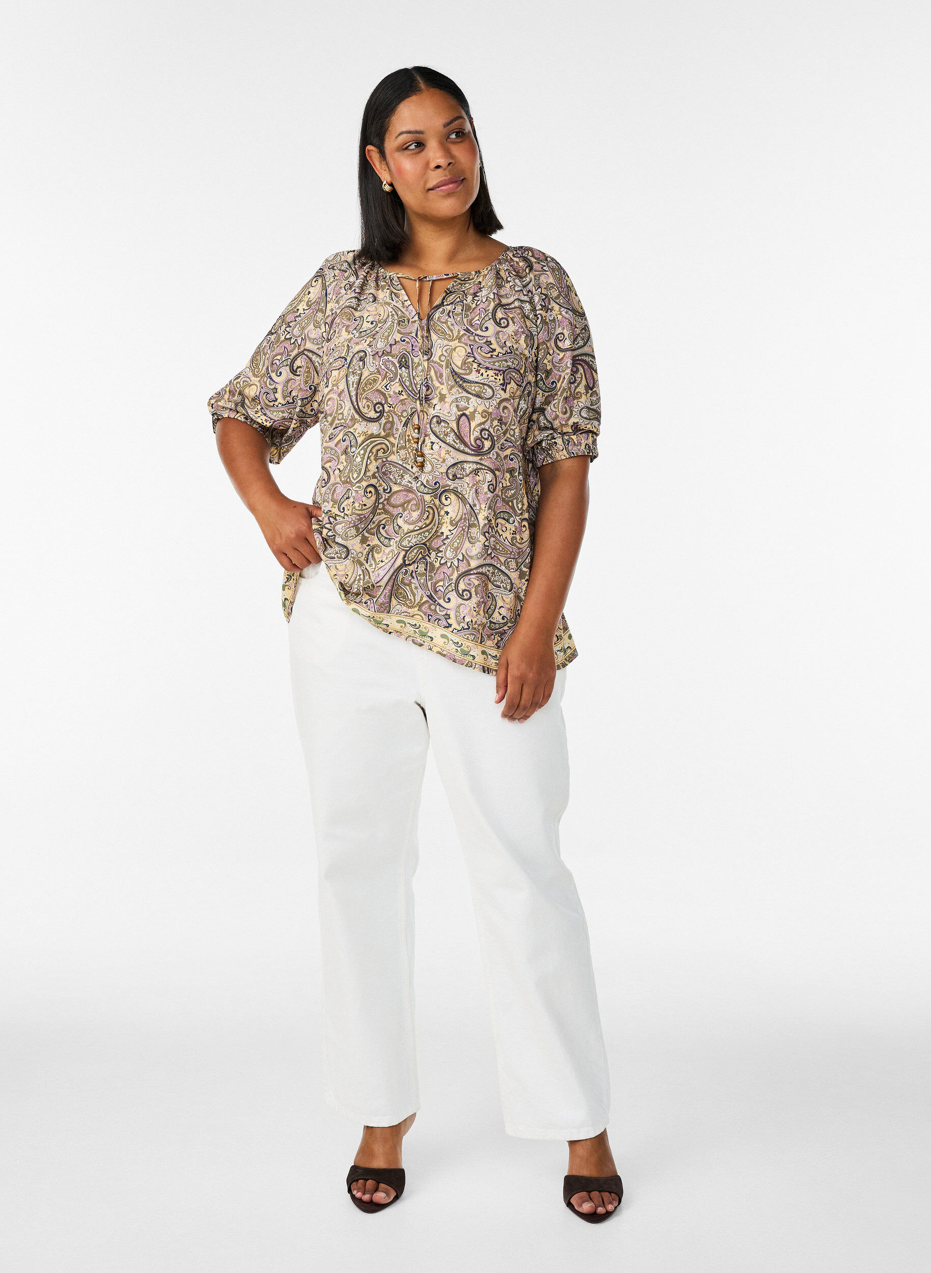 Zizzifashion Viscose blouse with paisley print and tie-string, Yellow, Model image number 1