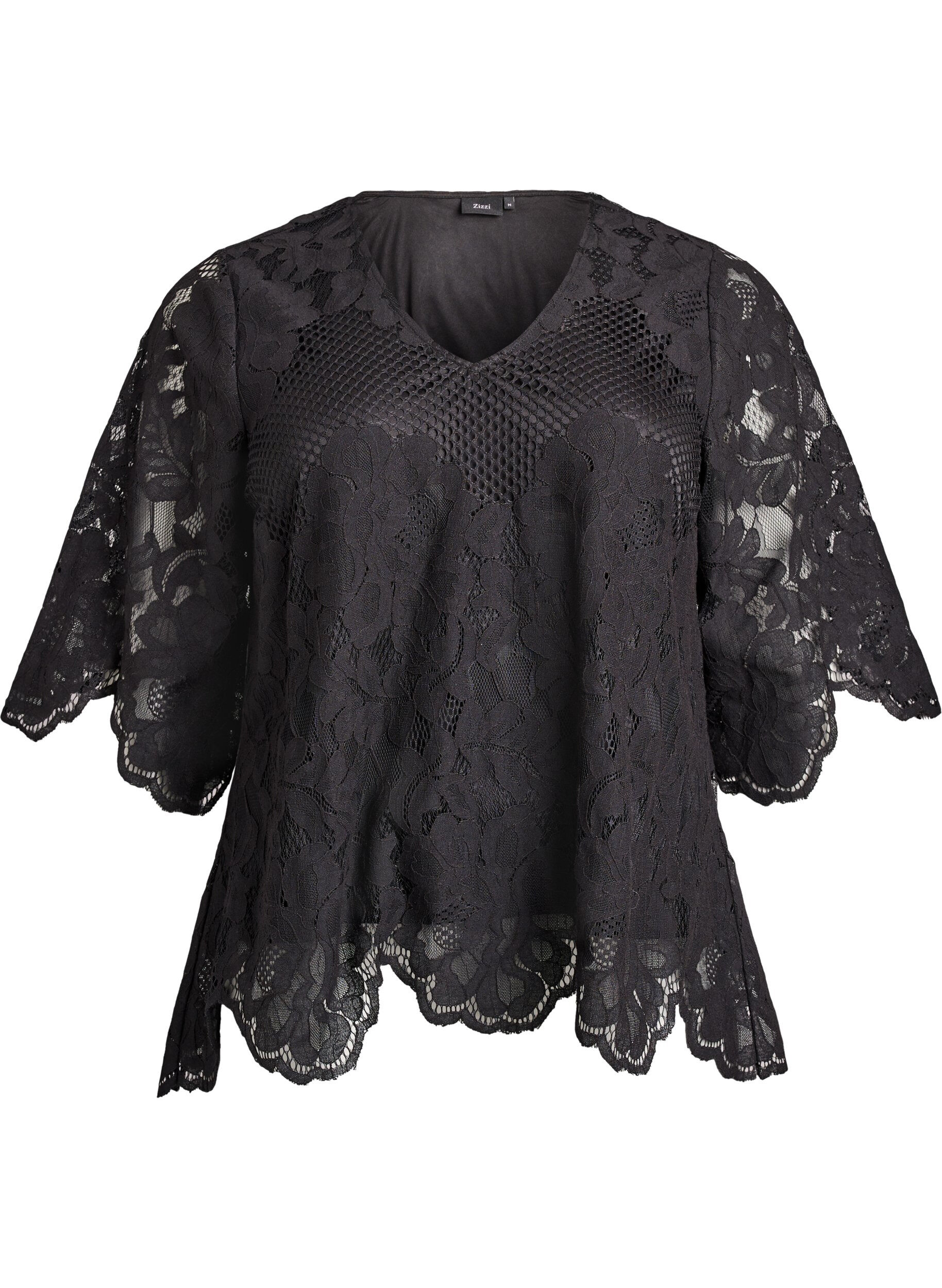 Lace blouse with V-neck and 1/2 sleeves