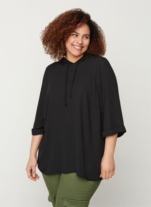 Hooded blouse with 3/4 length sleeves, Black, Model image number 0