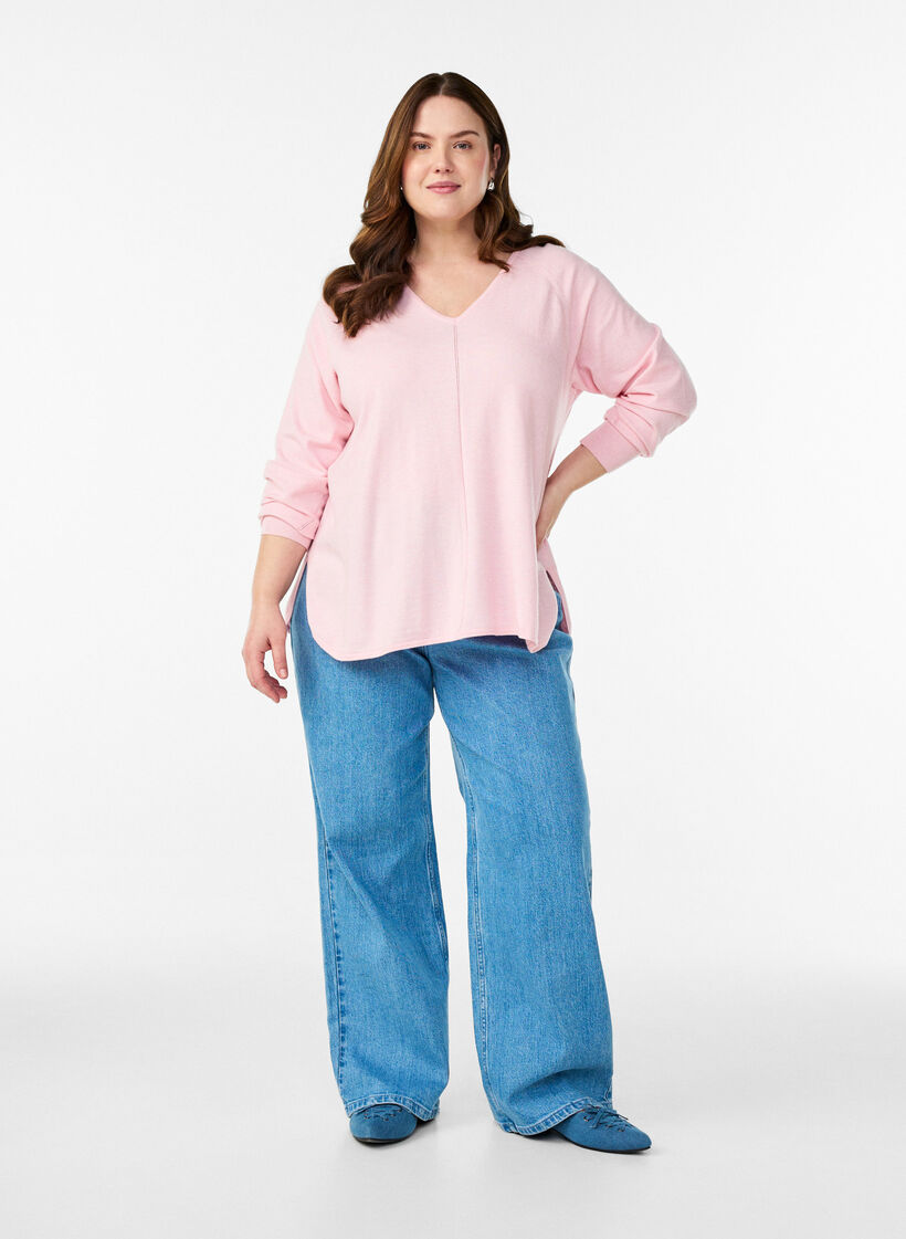 Fine-knit blouse with v-neck and front detail, Pink, Model image number 1